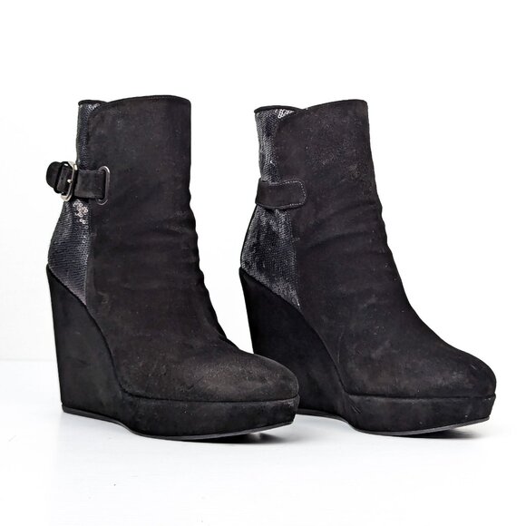 Stuart Weitzman Women Paragraph Black Suede Sequins Wedge Ankle Boots sz 9 - Picture 1 of 9